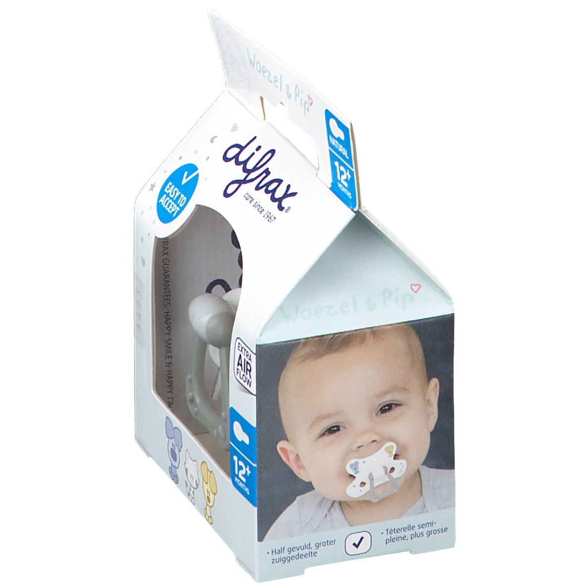 Emballage de sucette Difrax Natural 12 mois+. Bébé avec sucette en bouche. Fenêtre transparente.