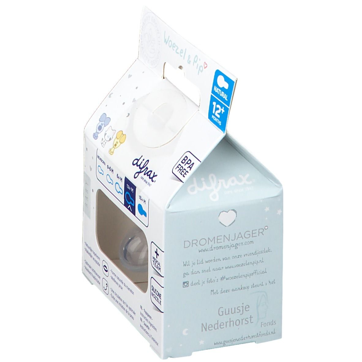 Emballage de sucette Difrax Natural 12 mois+. Sans BPA. Illustrations de bébé. Texte.