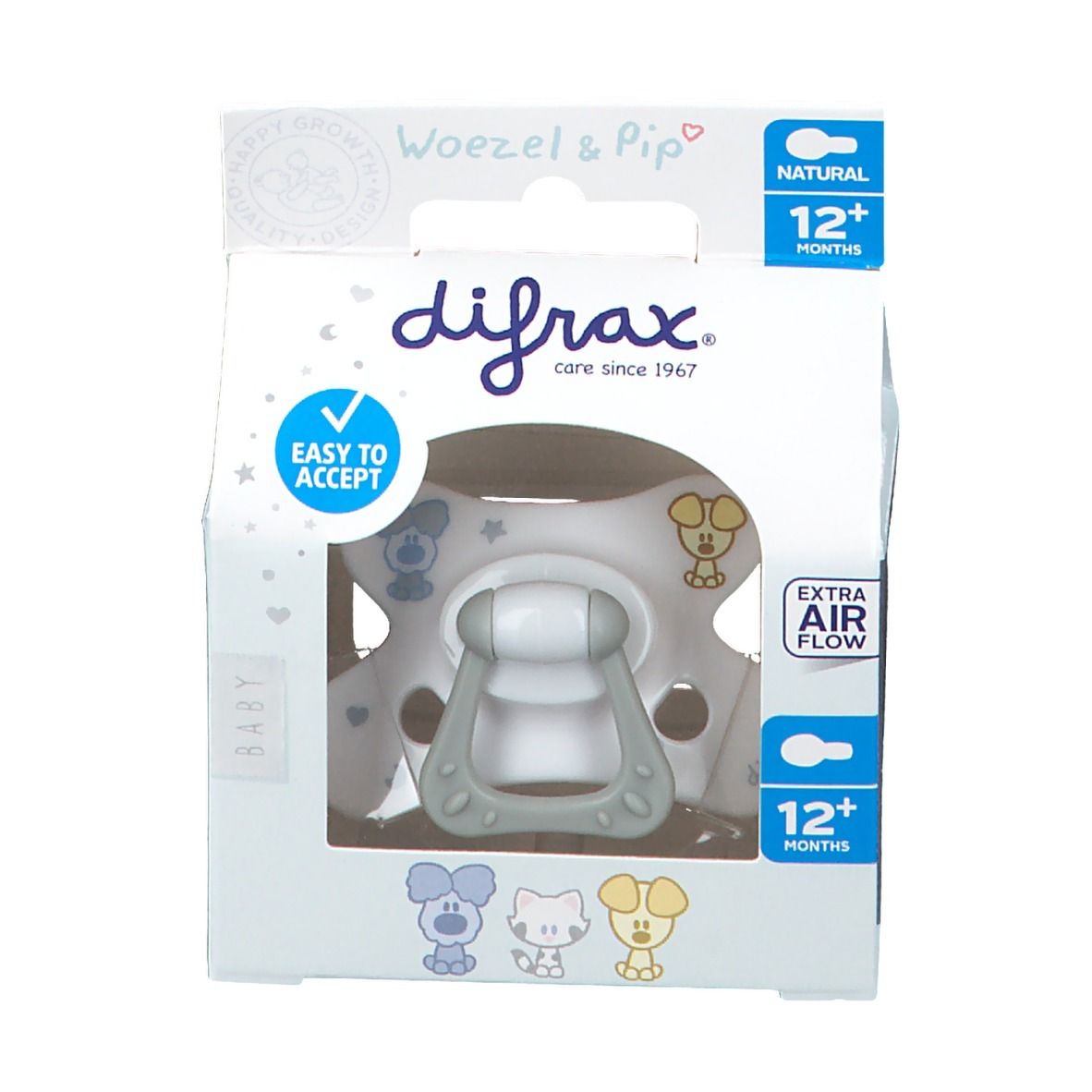 Emballage de sucette Difrax Natural 12 mois+. Sucette grise avec poignée. Fenêtre transparente.