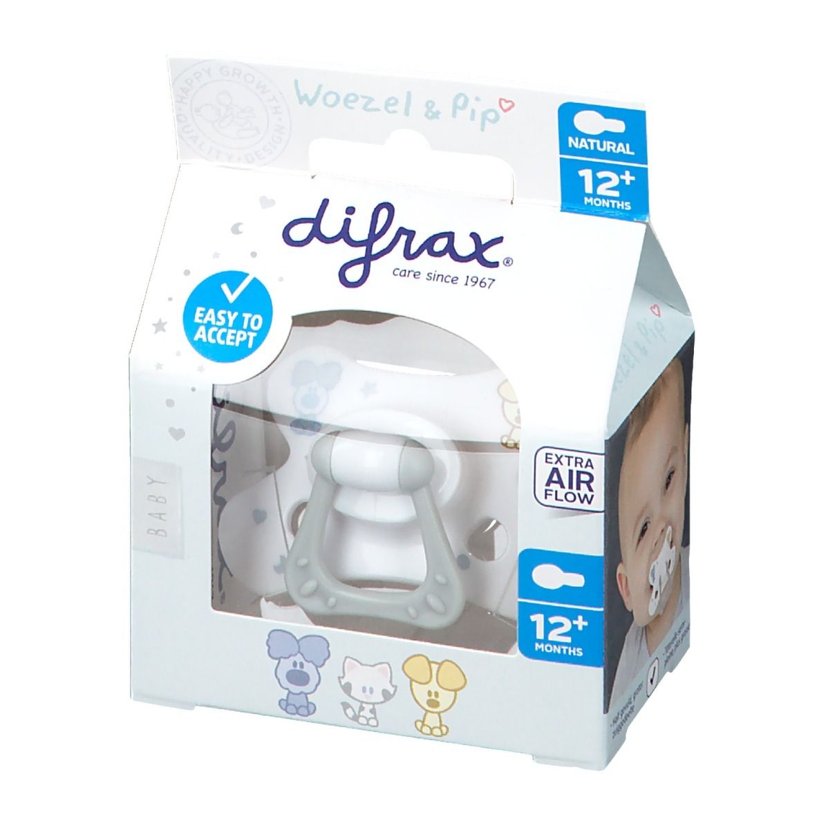 Emballage de sucette Difrax Natural 12 mois+. Bébé avec sucette en bouche. Fenêtre transparente.