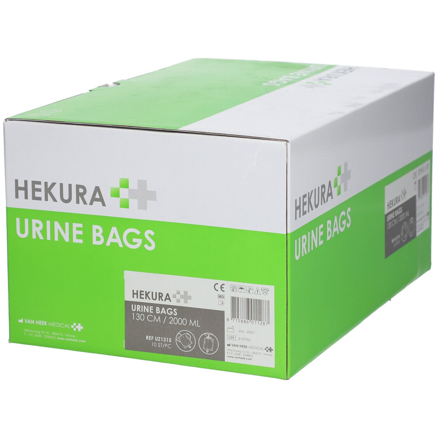 Boîte de sacs urinaires HEKURA. Emballage vert et blanc. Inscription : 130 cm / 2000 ml. Marquage CE.