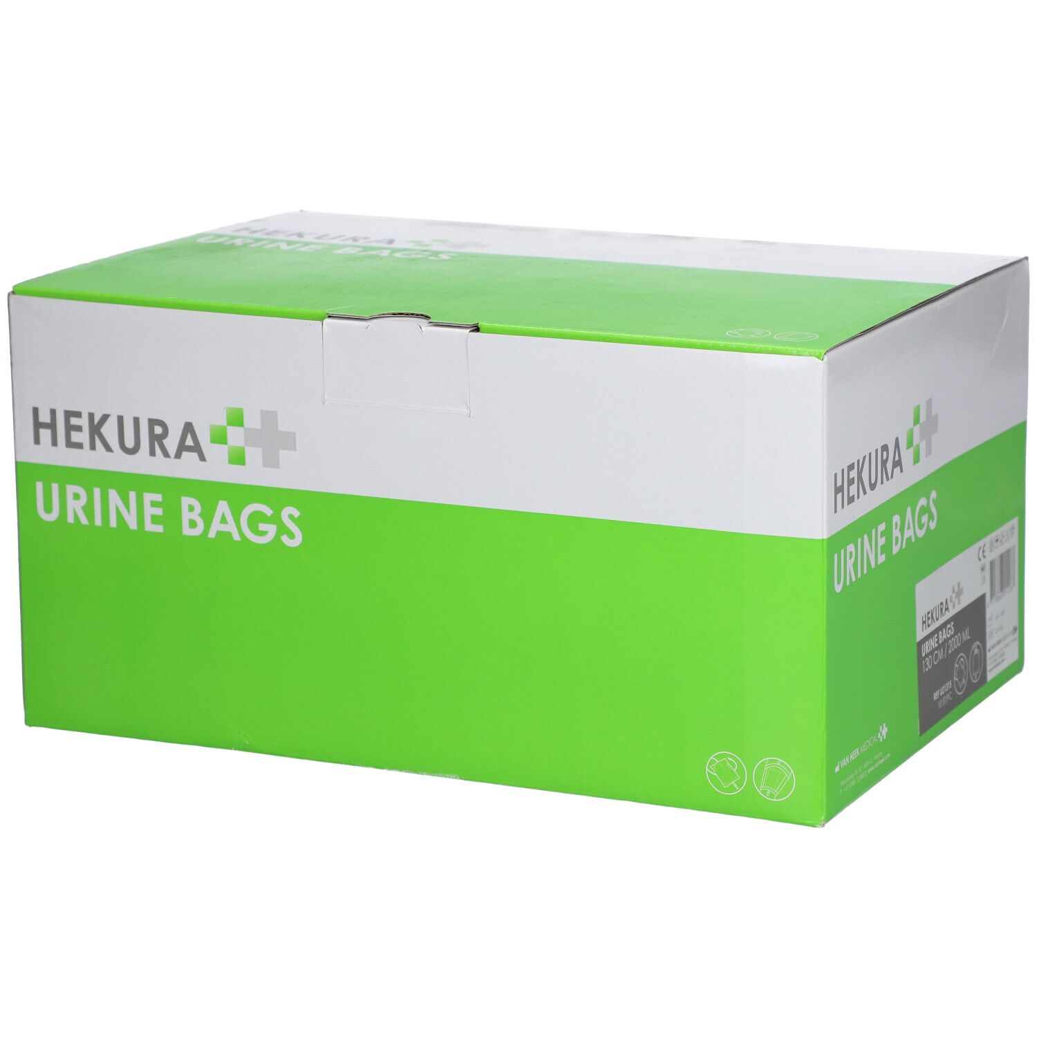 Boîte de sacs urinaires HEKURA. Emballage vert et blanc. Inscription : Sacs urinaires. Marquage CE.