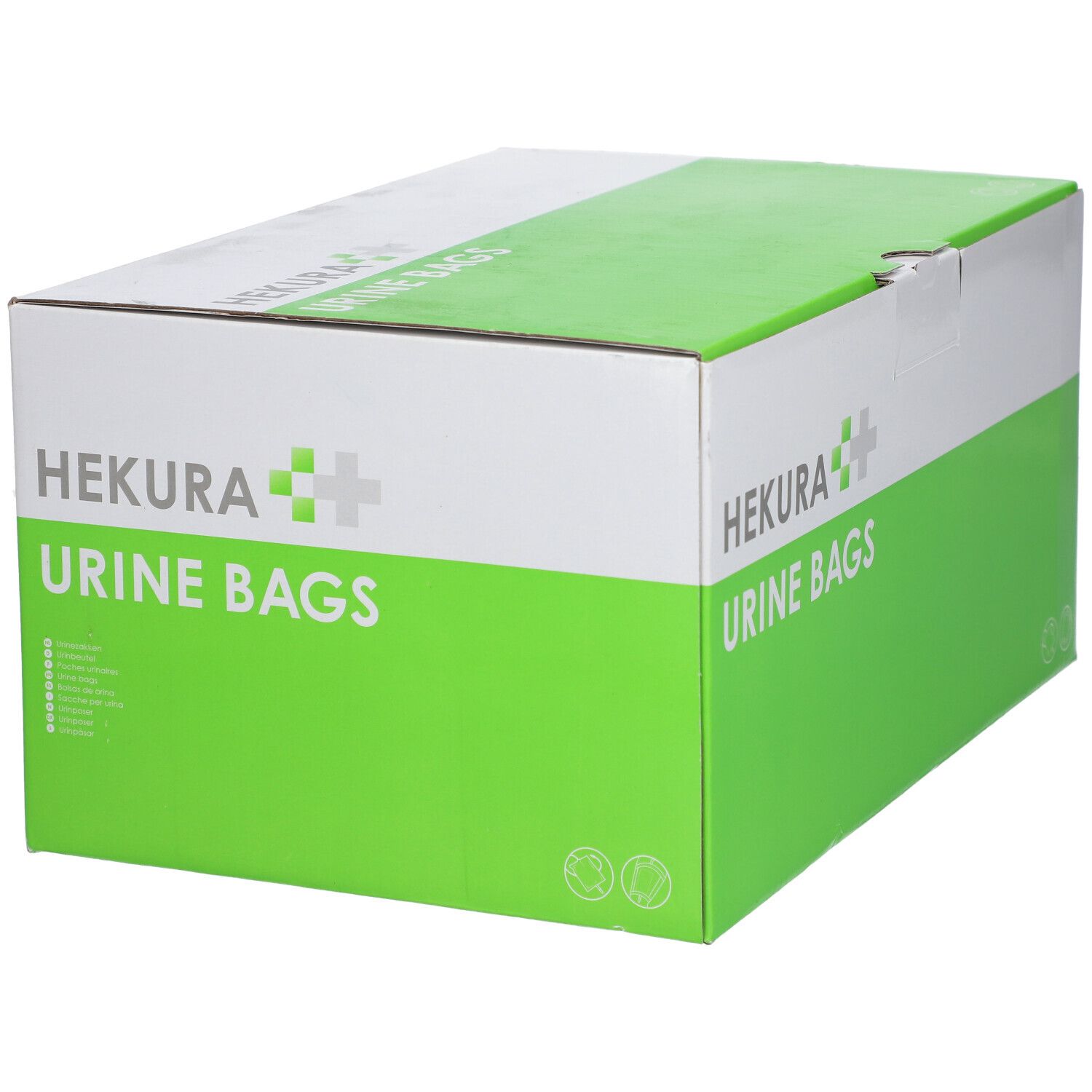 Boîte de sacs urinaires HEKURA. Emballage vert et blanc. Inscription : Sacs urinaires. Marquage CE.