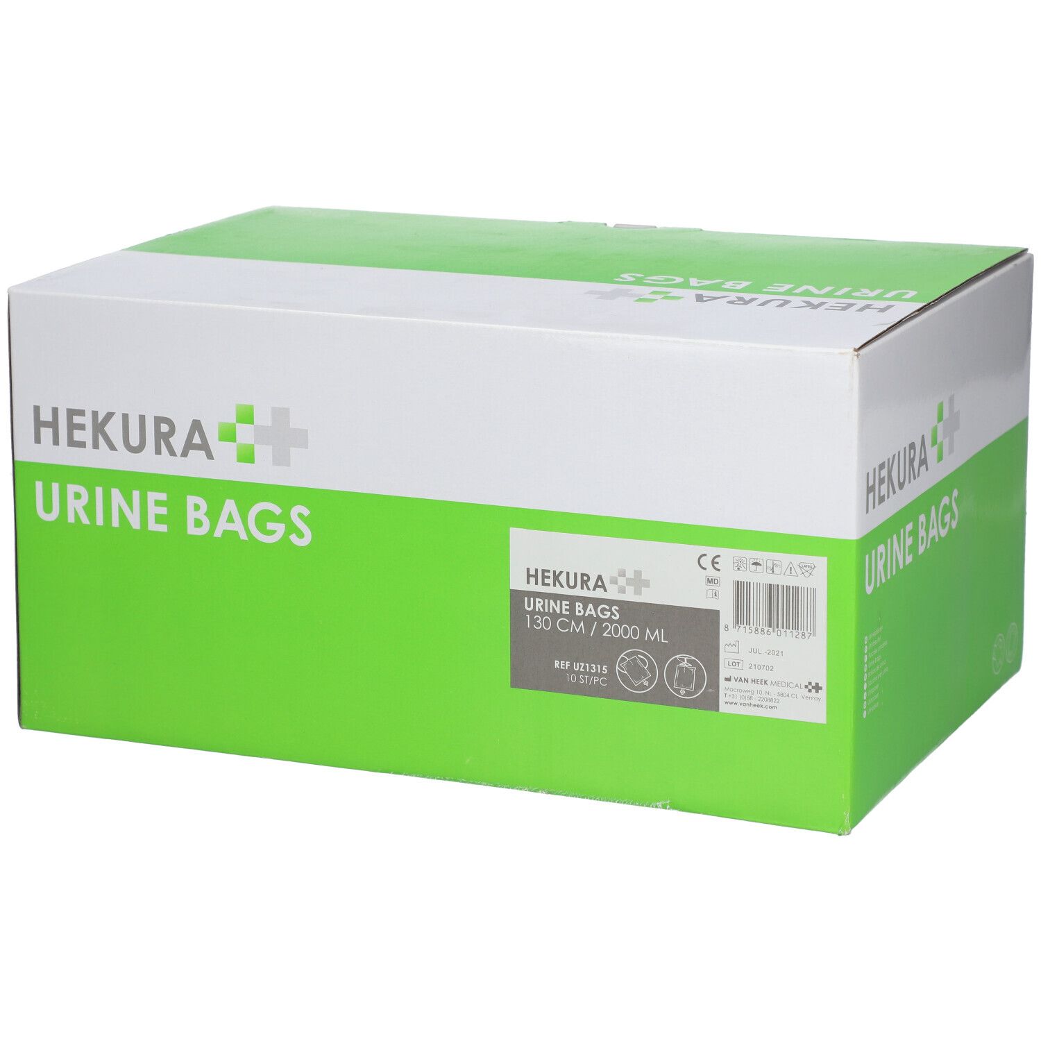 Boîte de sacs urinaires HEKURA. Emballage vert et blanc. Inscription : 130 cm / 2000 ml. Marquage CE.