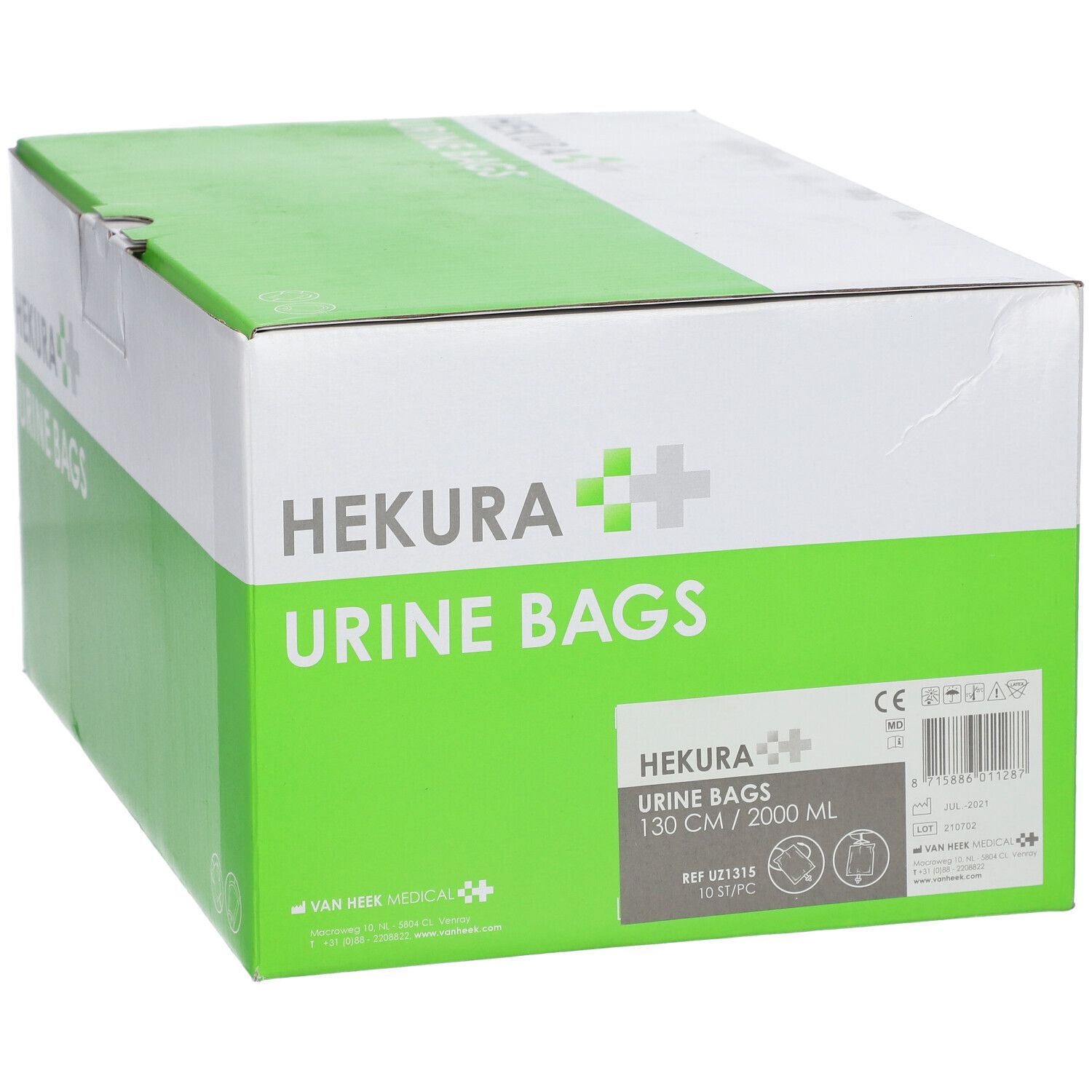 Boîte de sacs urinaires HEKURA. Emballage vert et blanc. Inscription : 130 cm / 2000 ml. Marquage CE.