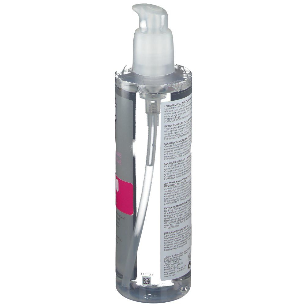 Flacon transparent avec pompe. Vue latérale avec texte. Nom du produit et détails sur l'étiquette.