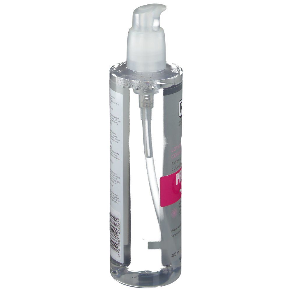 Flacon transparent avec pompe. Vue latérale avec texte. Étiquette rose avec informations produit.