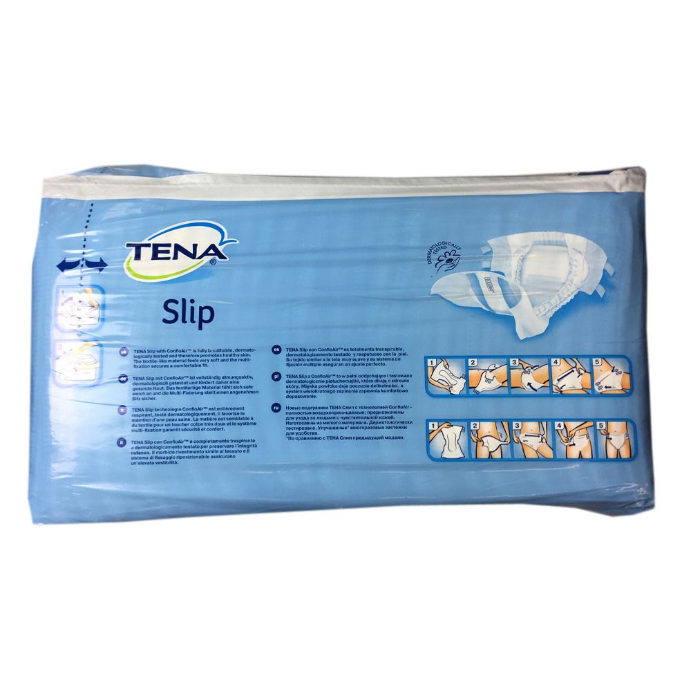 Emballage TENA Slip. Emballage bleu avec image du produit et pictogrammes. Marque TENA visible.