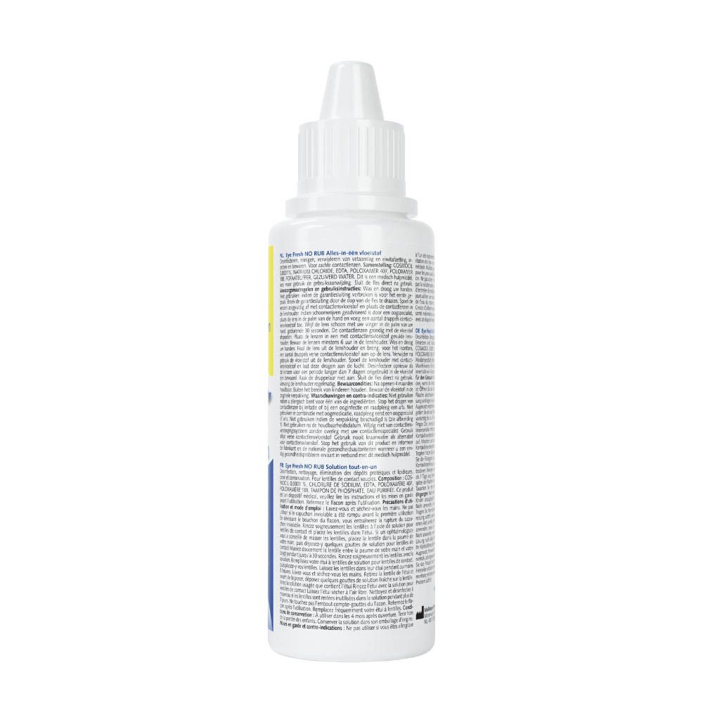 Dos du flacon blanc avec texte. Nom du produit: Eye Fresh No Rub. Texte en plusieurs langues.