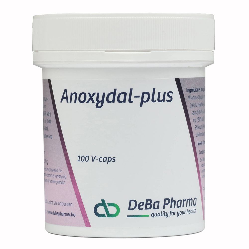 Pot blanc avec couvercle. Inscription Anoxydal-plus, 100 V-caps. Logo DeBa Pharma.