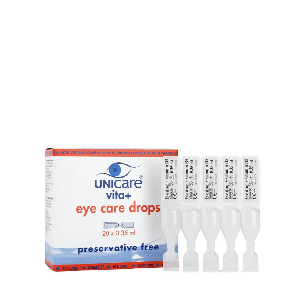 Paquet de gouttes oculaires Unicare Vita+ avec 5 ampoules. Inscription: eye care drops, sans conservateur. Ampoules blanches.