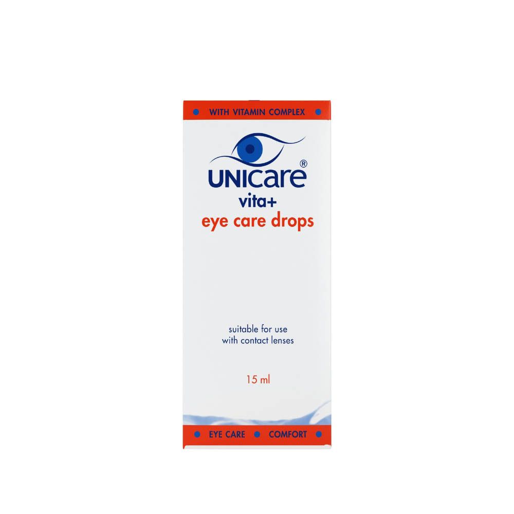 Flacon de gouttes oculaires. Dos avec texte. Inscription: UNICARE vita+ eye care drops. 15 ml.