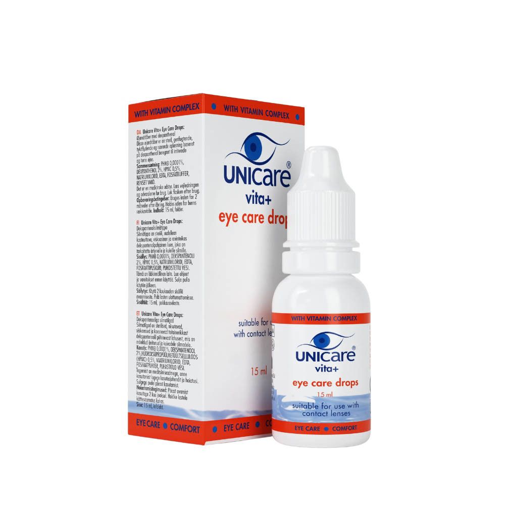 Flacon blanc de gouttes oculaires. Inscription: UNICARE vita+ eye care drops. 15 ml. Avec complexe vitaminé.