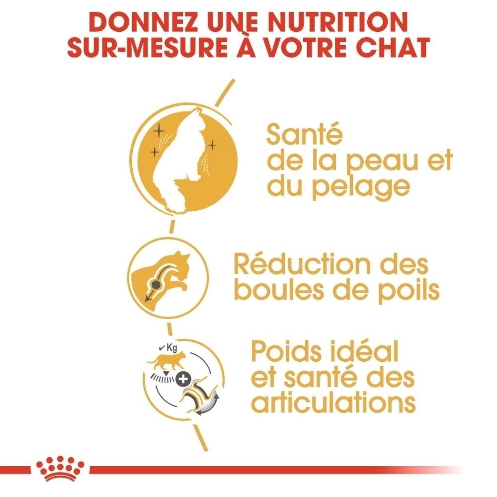 Graphique avec trois icônes : peau saine, réduction des boules de poils, poids idéal et santé articulaire pour chats.