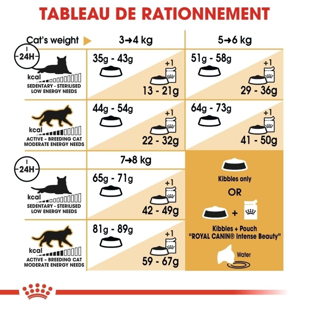 Tableau de rationnement pour chats selon le poids et le niveau d'activité, avec les quantités recommandées de croquettes et de nourriture humide.
