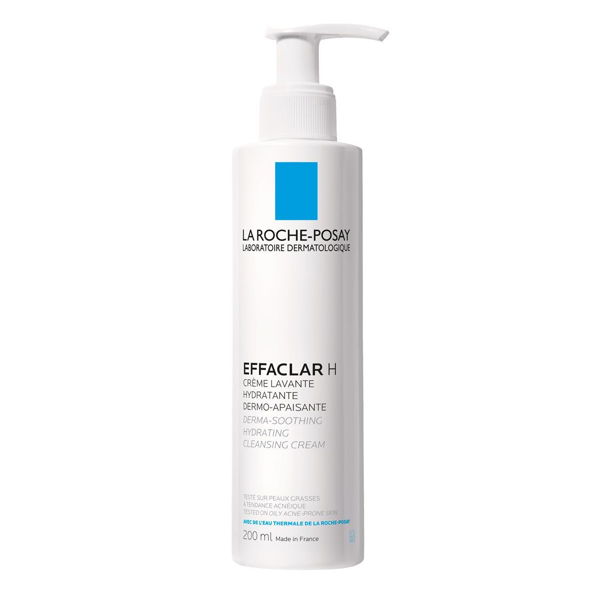 Flacon blanc avec logo bleu. Inscription: Effaclar H, Creme Lavante, La Roche-Posay. Avec pompe doseuse.