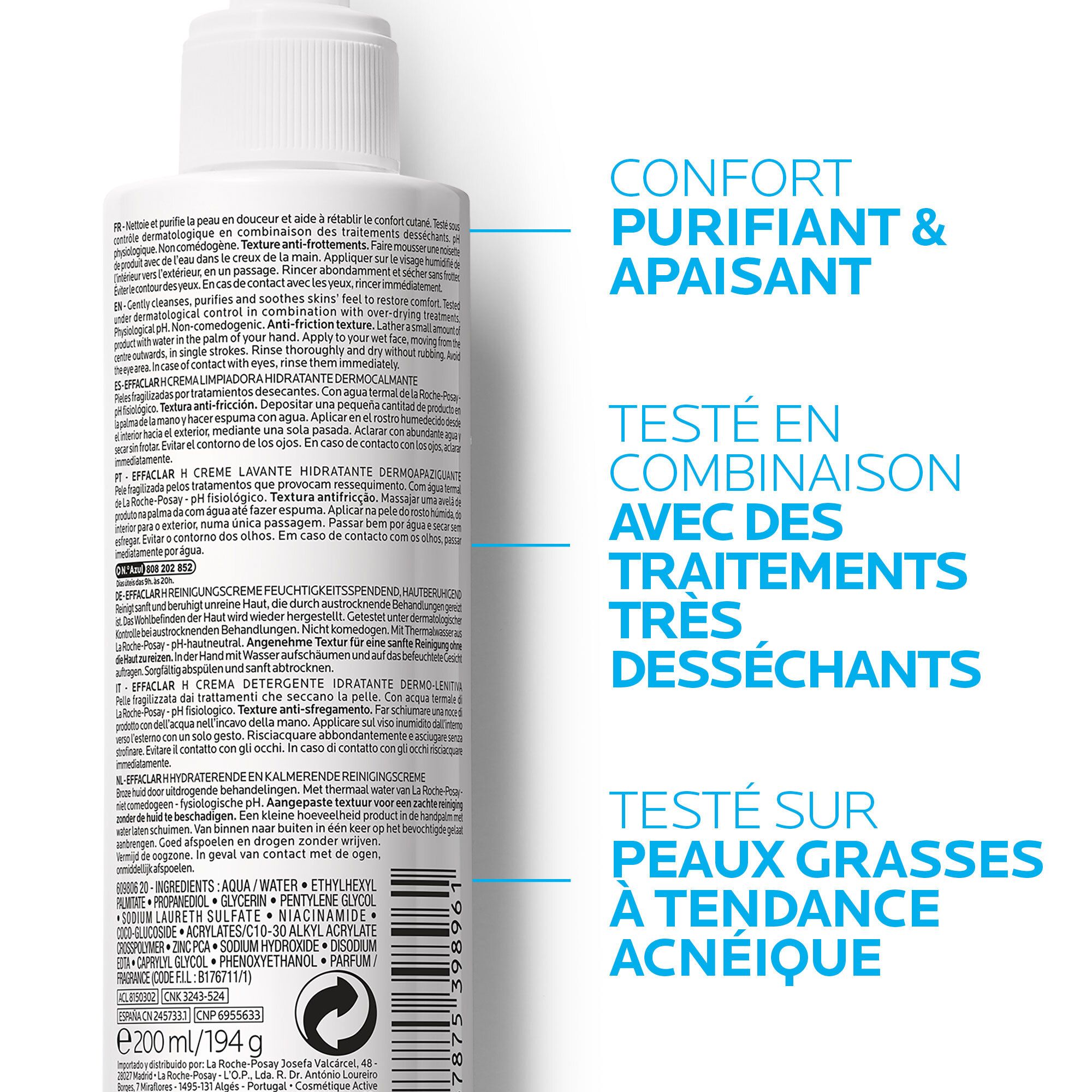 Dos du flacon avec texte. Sections de texte en plusieurs langues. Marques bleues mettent en évidence le texte.