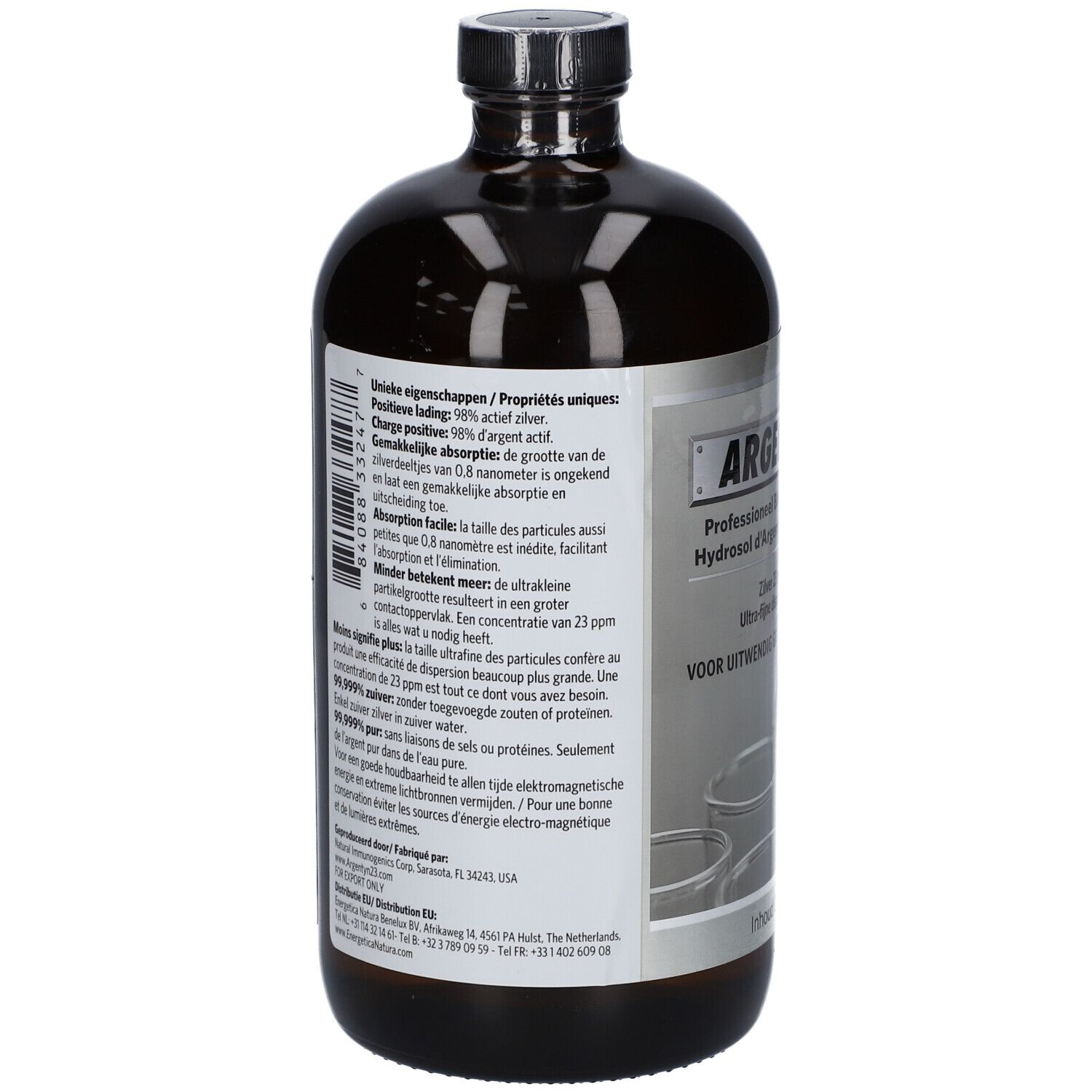 Dos d'une bouteille en verre brun. Informations textuelles sur l'étiquette. Argentyn 23. Propriétés, absorption, ingrédients.