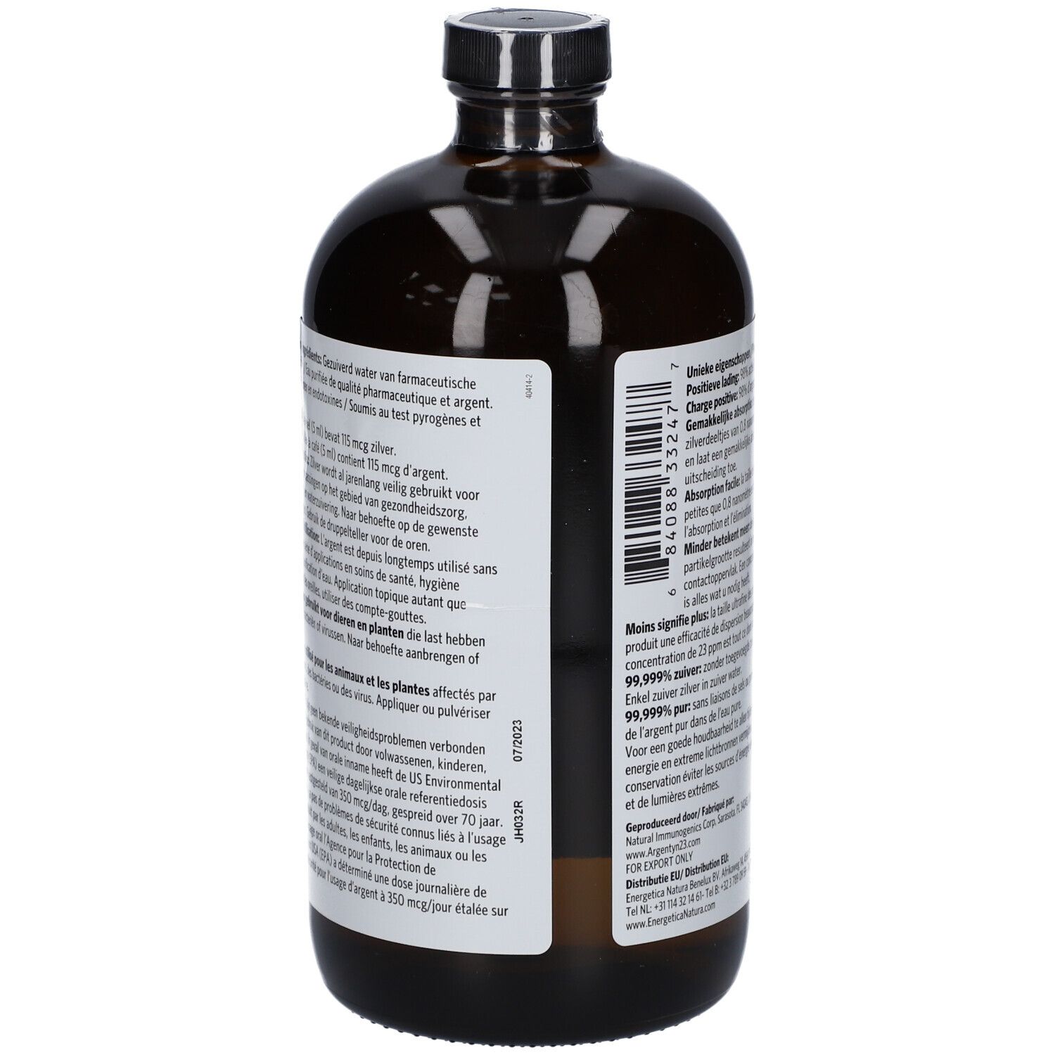 Dos d'une bouteille en verre brun. Informations textuelles sur l'étiquette. Argentyn 23. Ingrédients, dosage, avertissements.