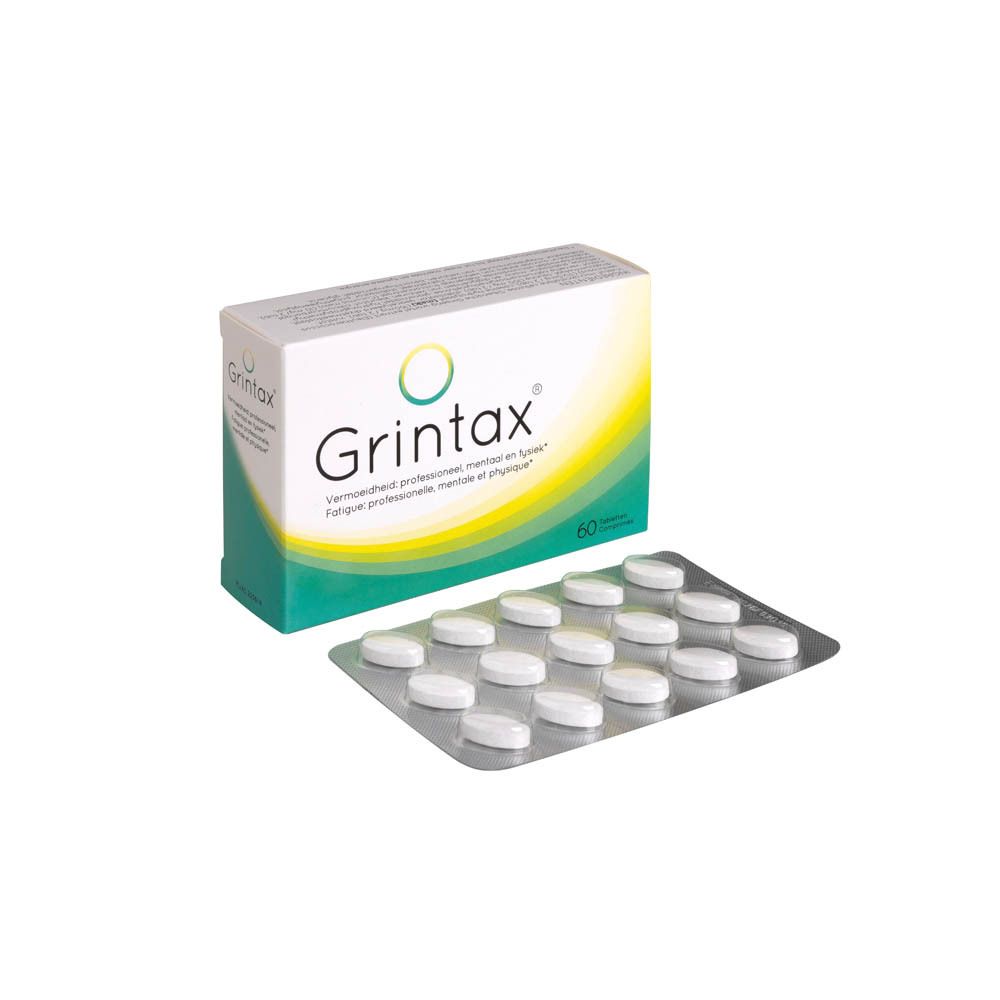 Boîte de comprimés Grintax, 60 comprimés. Texte: Fatigue mentale, physique et professionnelle. Logo Grunenthal.