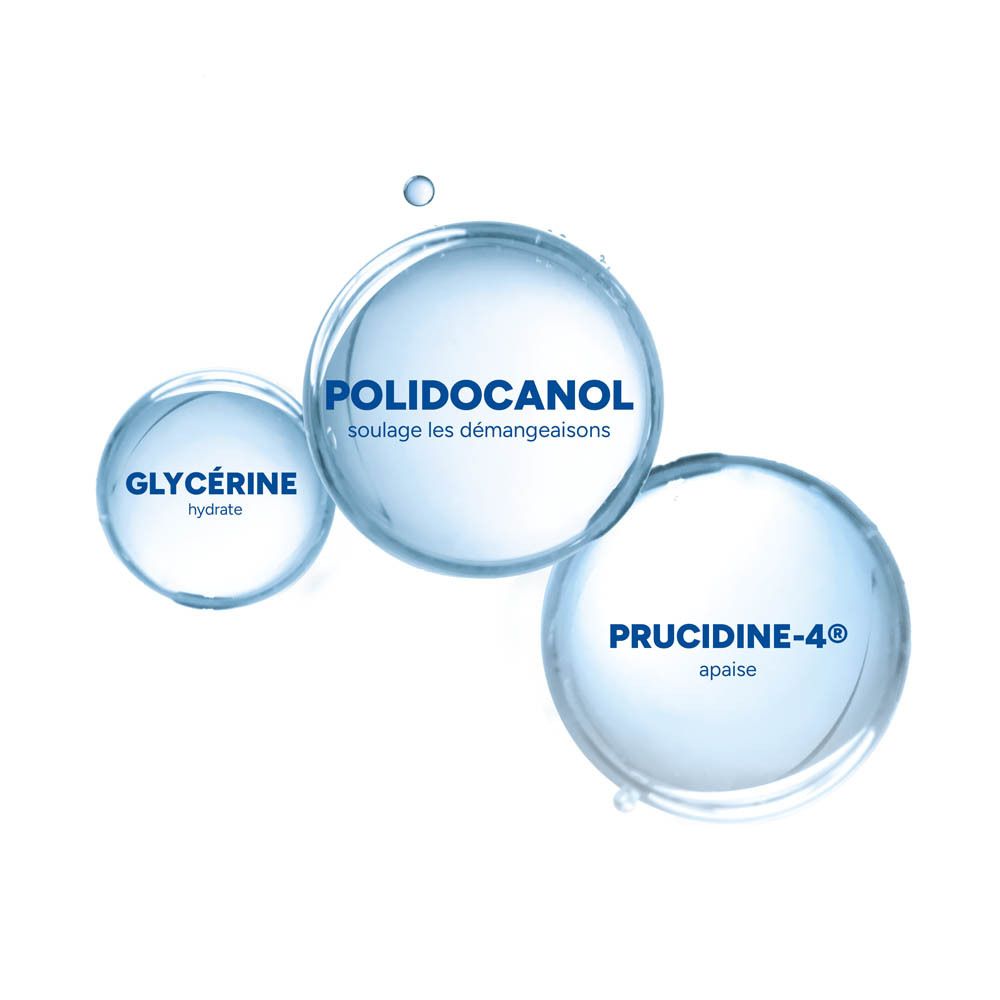 Trois cercles transparents avec les ingrédients: Glycérine, Polidocanol, Prucidine-4.