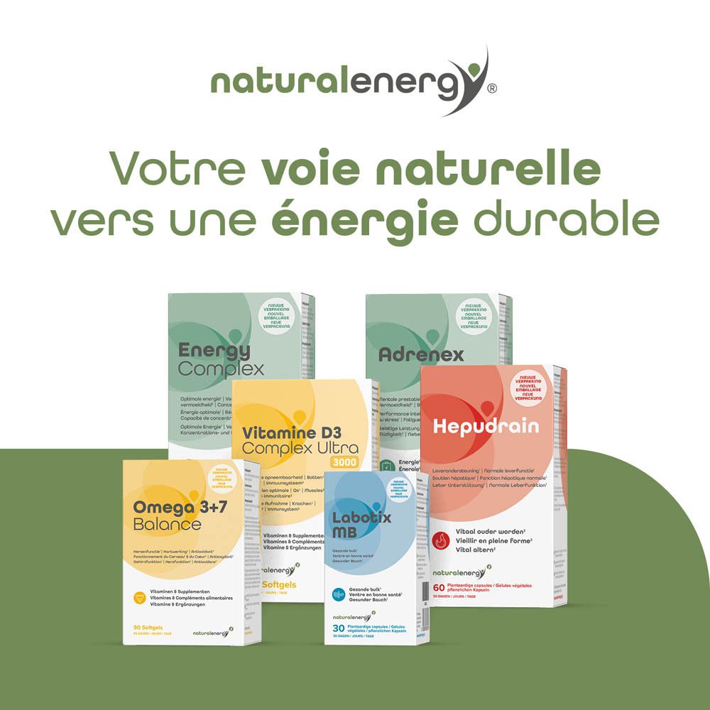 Différents produits Natural Energy. Omega 3+7 Balance, Energy Complex, Vitamine D3, Adrenex, Hepudrain, Lobux MB.