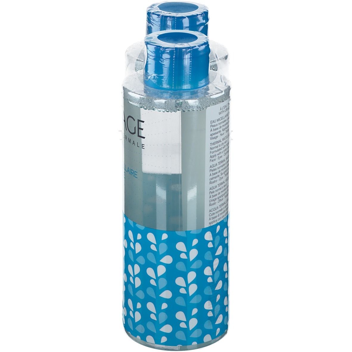 Flacon Uriage Eau Thermale Micellaire, emballé. Bouchon bleu, flacon transparent, motifs bleus et blancs. Étiquette produit visible.