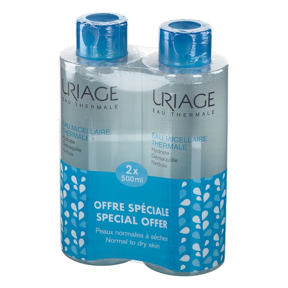 Deux flacons Uriage Eau Thermale Micellaire, emballés. Bouchons bleus, flacons transparents, motifs bleus et blancs. "Offre Spéciale".