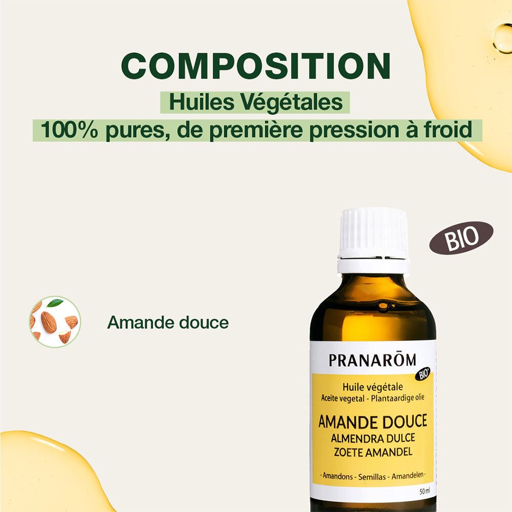 Boîte avec texte et logo. Flacon avec étiquette jaune et bouchon blanc.