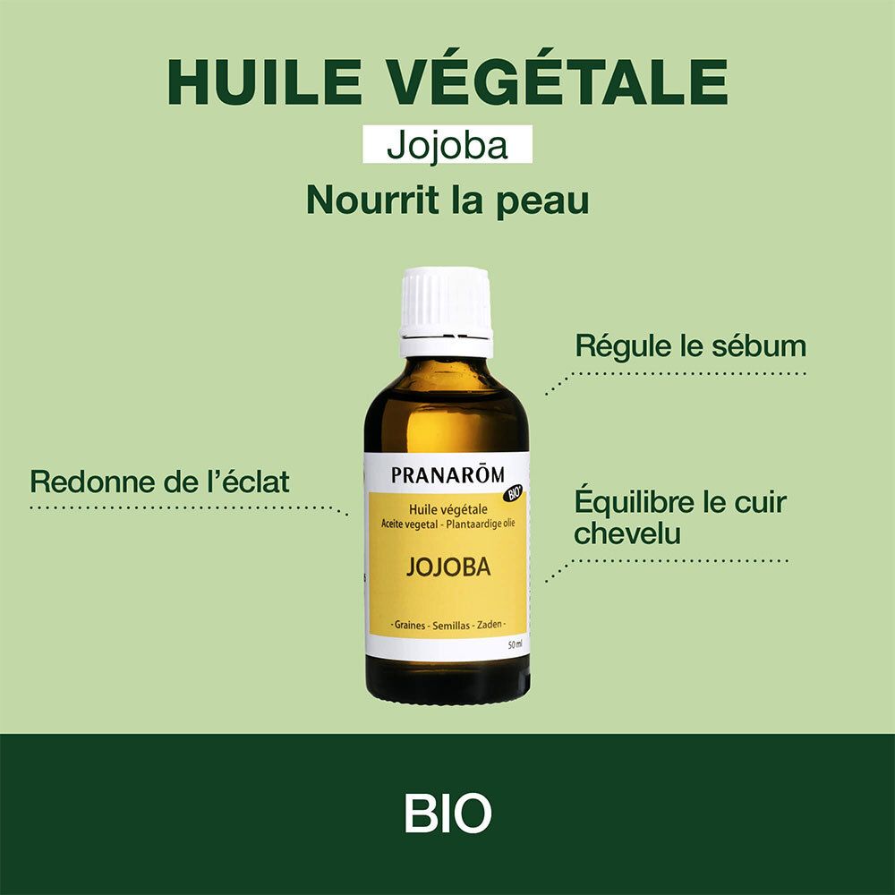 Flacon en verre brun, bouchon blanc, étiquette jaune. Inscription: Jojoba, Simmondsia chinensis. Certification Bio.
