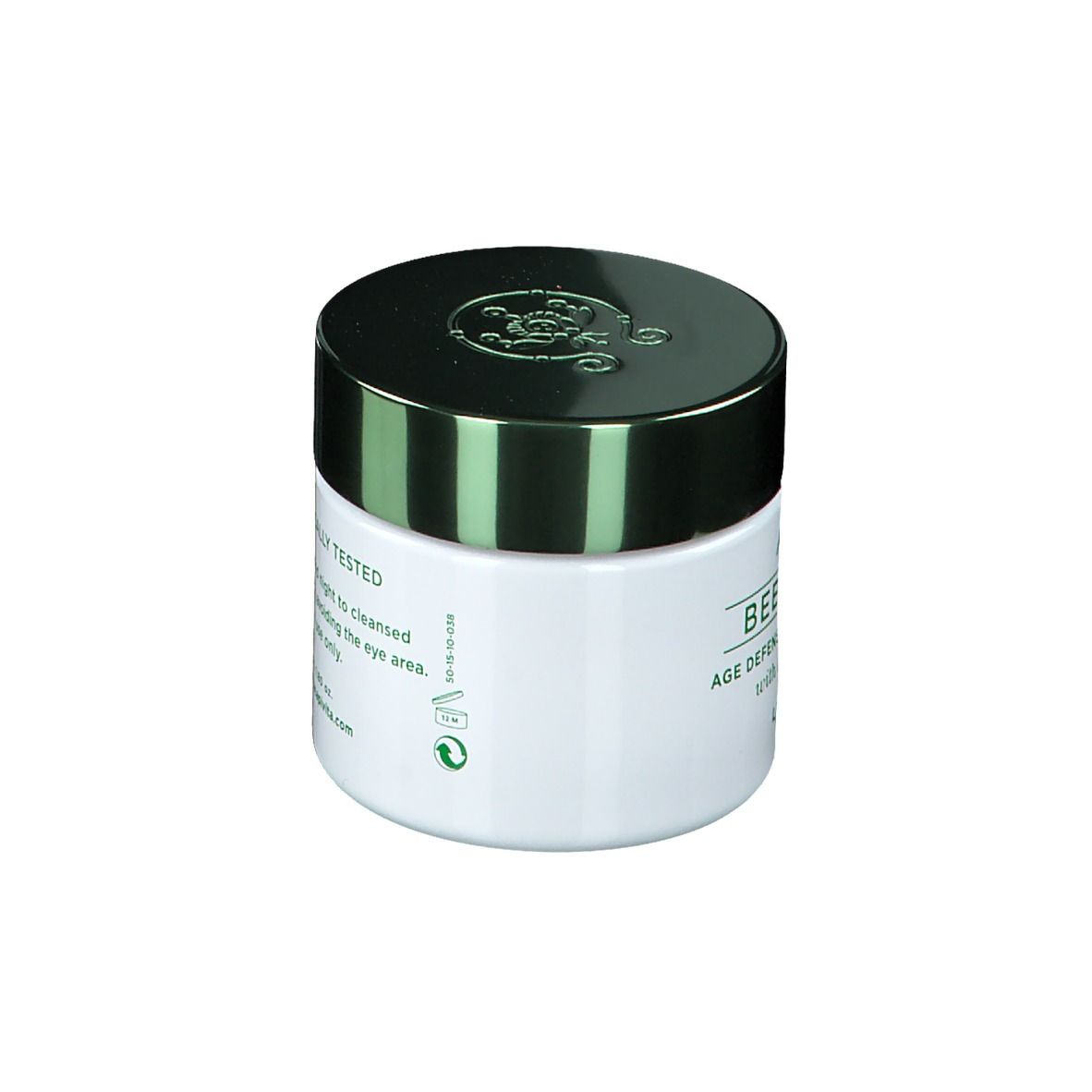 Pot de crème blanc avec couvercle vert. Inscription : Bee Radiant Age Defense Illuminating Cream. Avec logos verts.