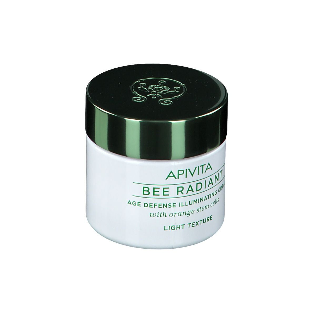 Pot de crème blanc avec couvercle vert. Inscription : Apivita Bee Radiant Age Defense Illuminating Cream, Light Texture.