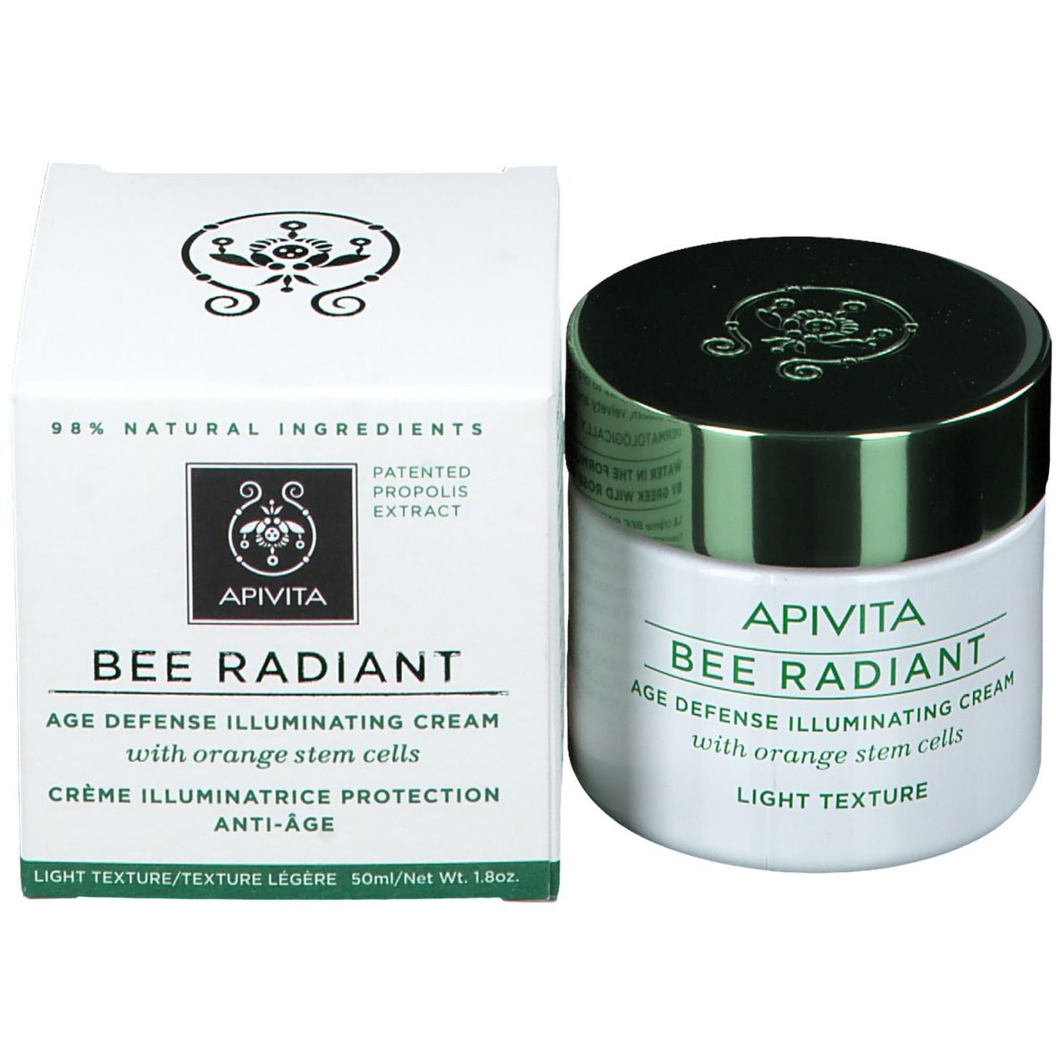Pot de crème et boîte. Inscription : Apivita Bee Radiant Age Defense Illuminating Cream, Light Texture. 98% ingrédients naturels.