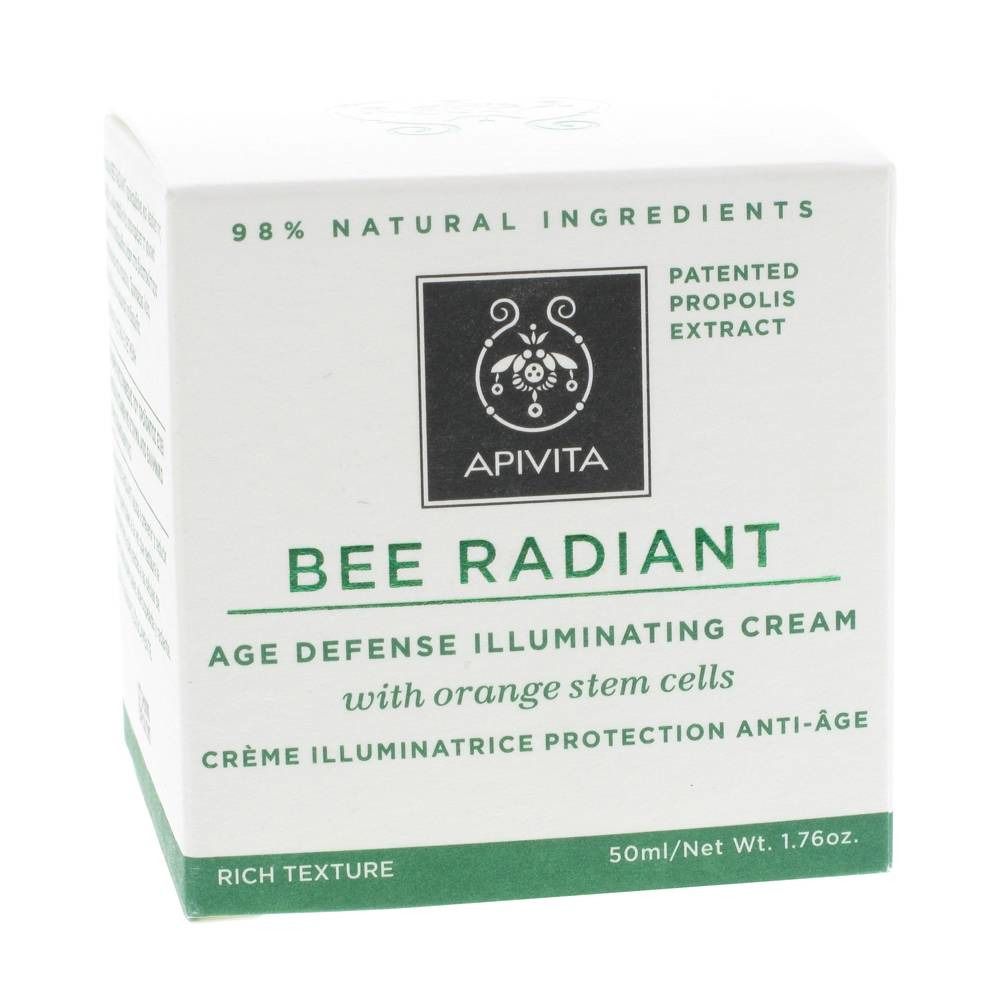 Boîte blanche Apivita Bee Radiant. Ingrédients naturels à 98%, Bee Radiant, crème anti-âge, 50ml.