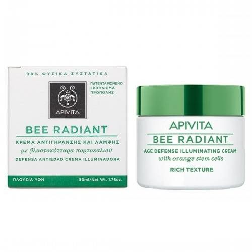 Crème Apivita Bee Radiant et boîte. Crème en pot, couvercle vert. Texte: Bee Radiant, crème anti-âge, 50ml.