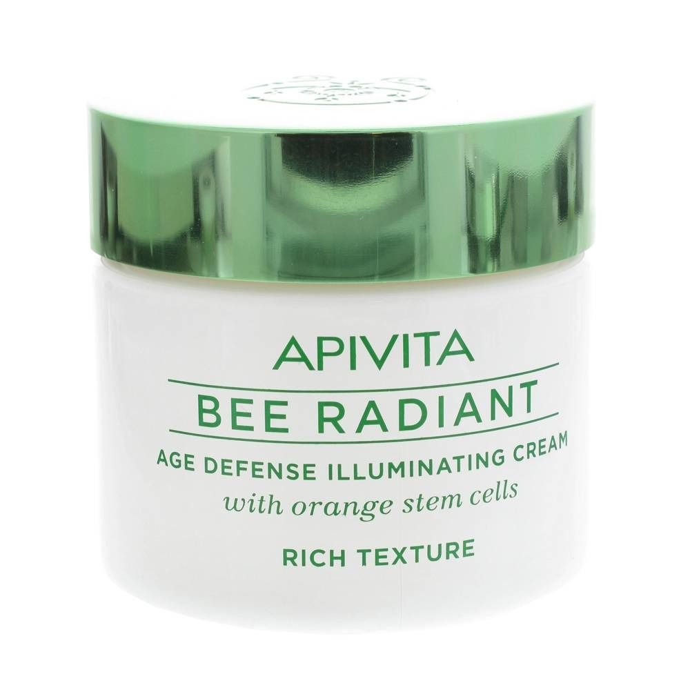Crème Apivita Bee Radiant en pot. Pot blanc, couvercle vert. Texte: Bee Radiant, crème anti-âge, Rich Texture.