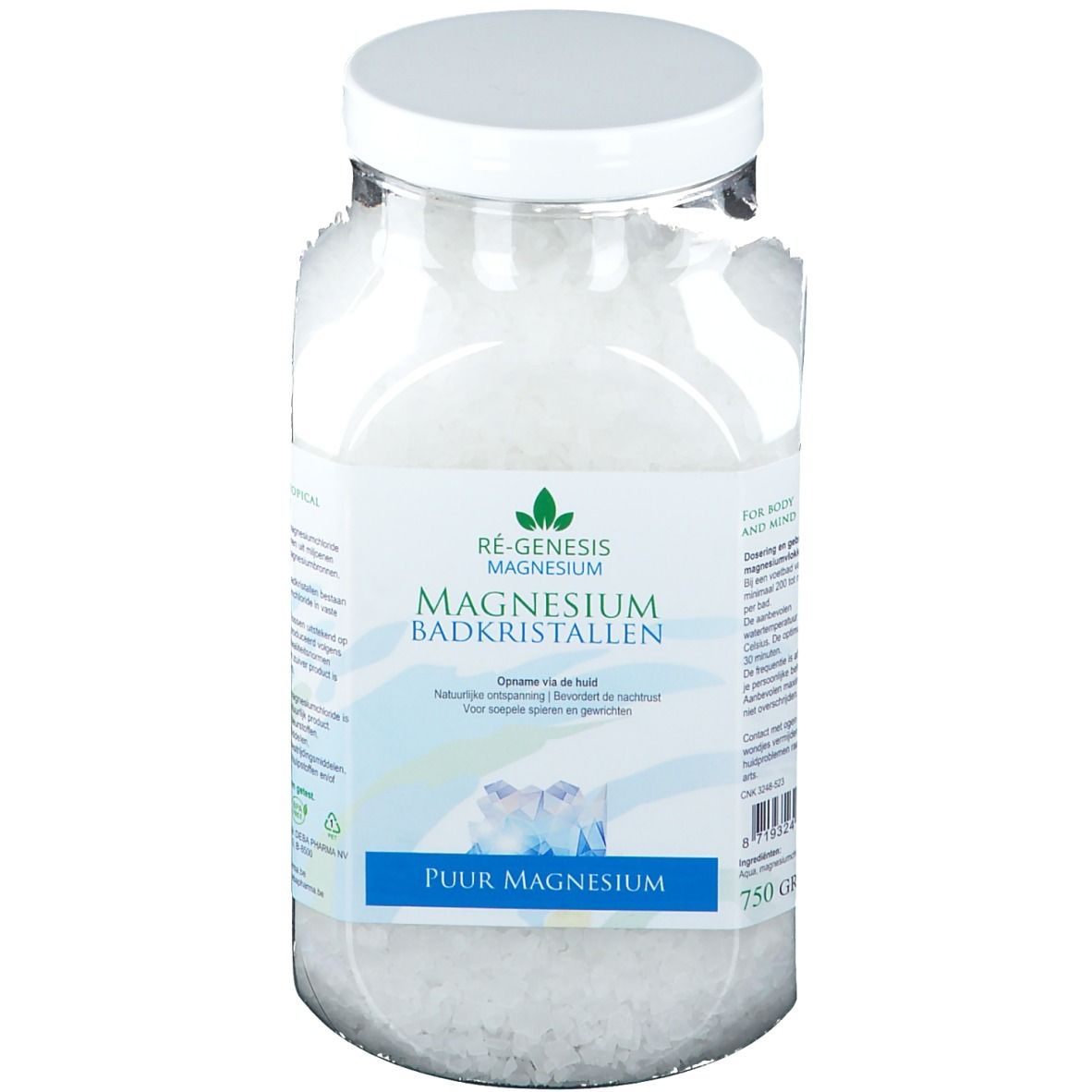 Pot en verre de cristaux de bain au magnésium. Étiquette avec nom et logo du produit. Couvercle blanc. 750g.