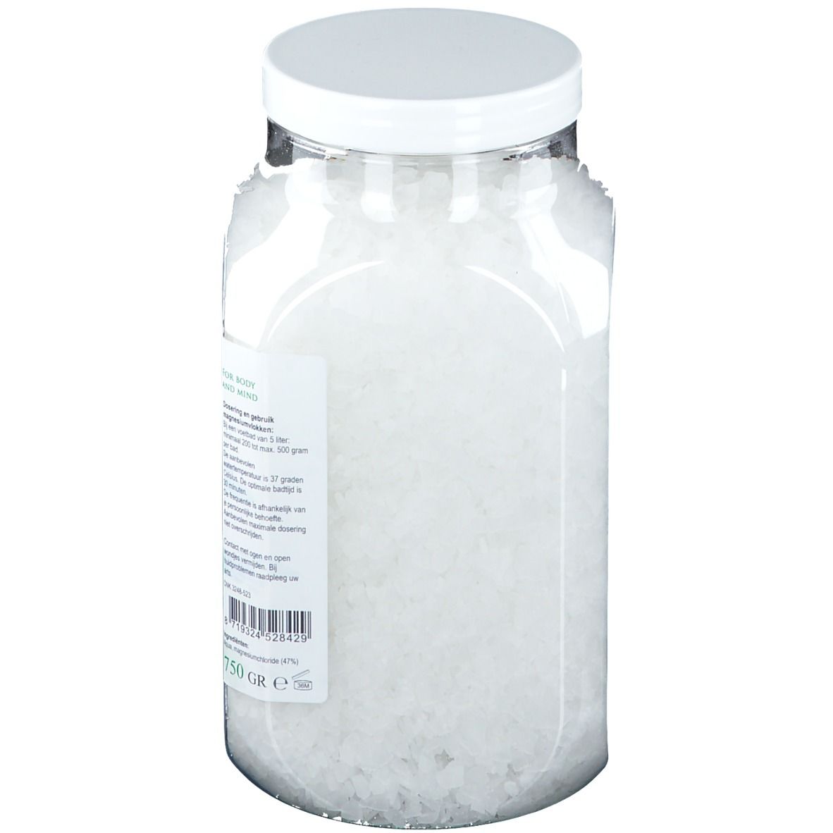 Récipient transparent de cristaux de bain au magnésium. Couvercle blanc. Dos avec texte et code-barres. 750g.