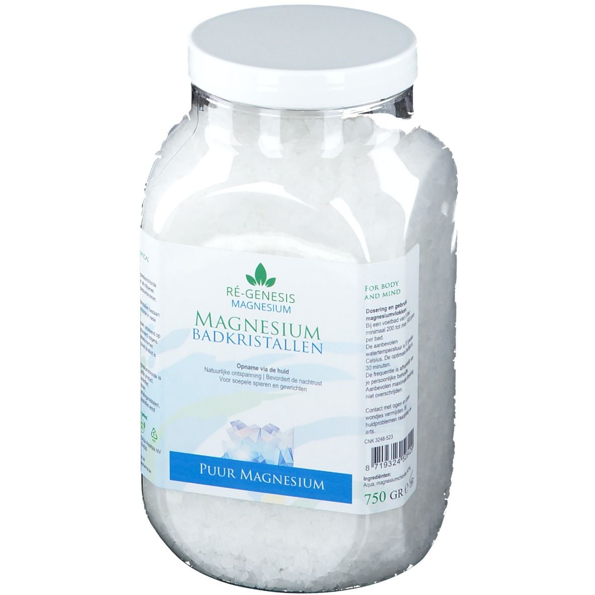 Pot en verre de cristaux de bain au magnésium. Étiquette avec nom et logo du produit. Couvercle blanc. 750g.