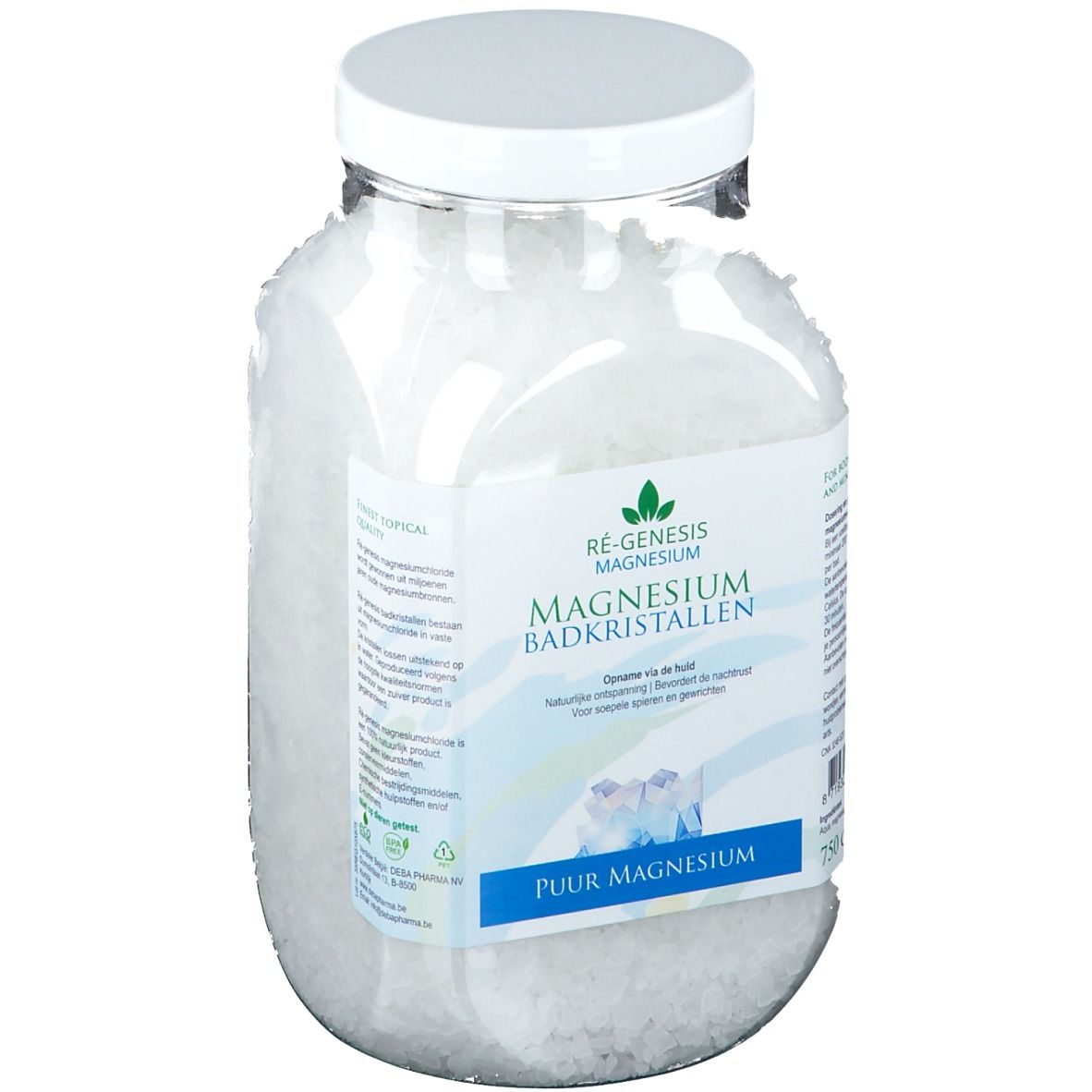 Pot en verre de cristaux de bain au magnésium. Étiquette avec nom et logo du produit. Couvercle blanc. 750g.