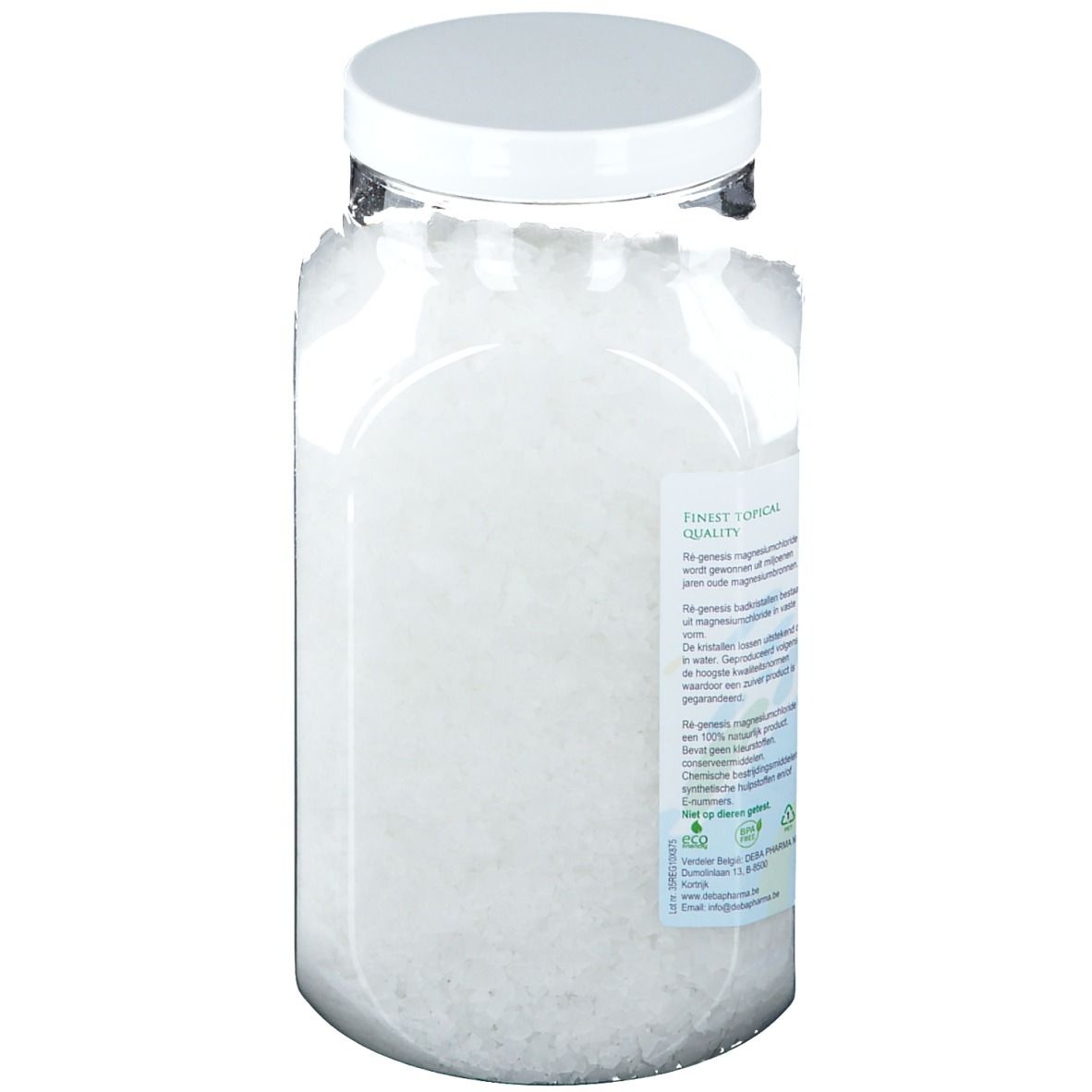 Récipient transparent de cristaux de bain au magnésium. Couvercle blanc. Dos avec texte. 750g.