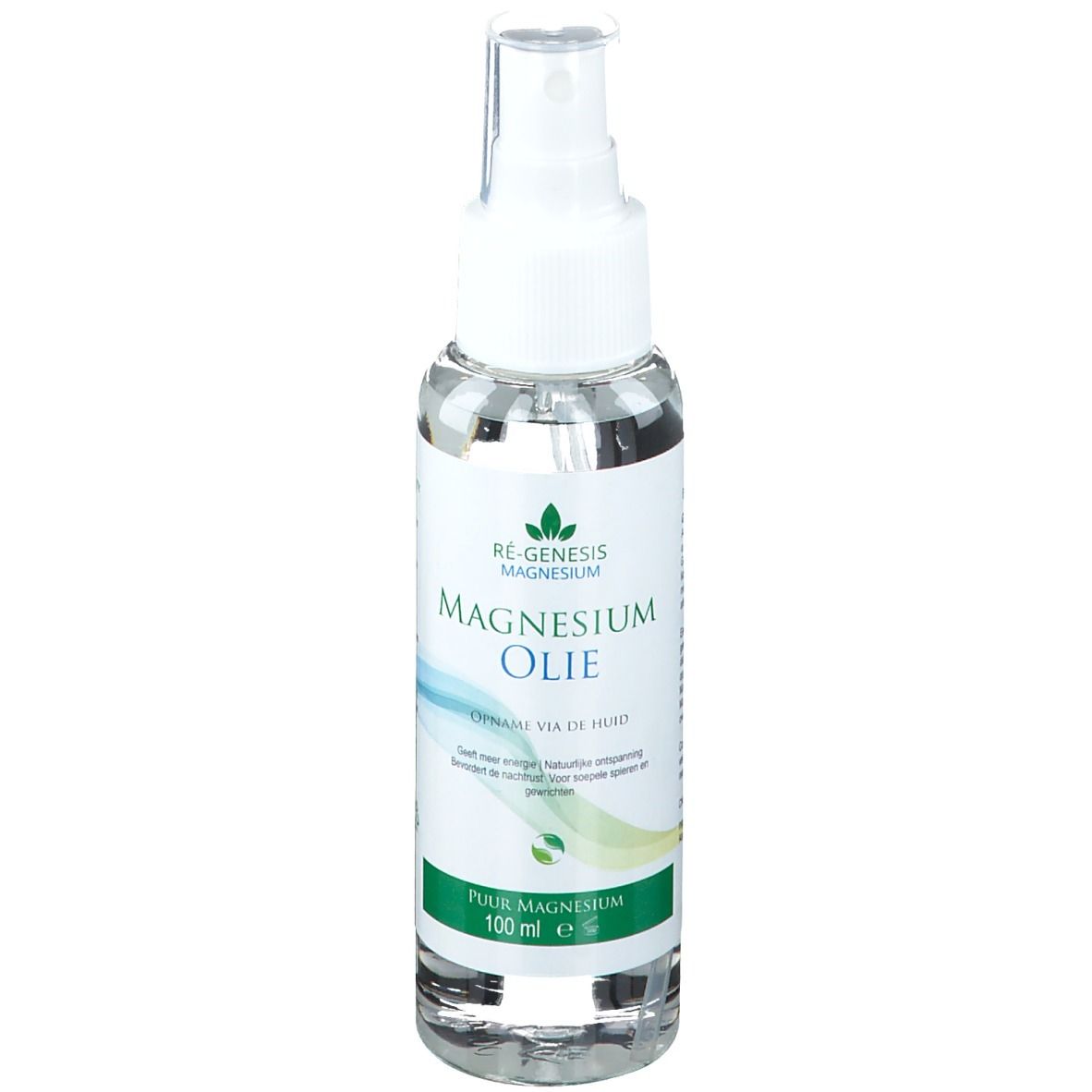 Flacon transparent avec vaporisateur. Inscription: Magnesium Oil, 100 ml. Graphique vert et bleu.