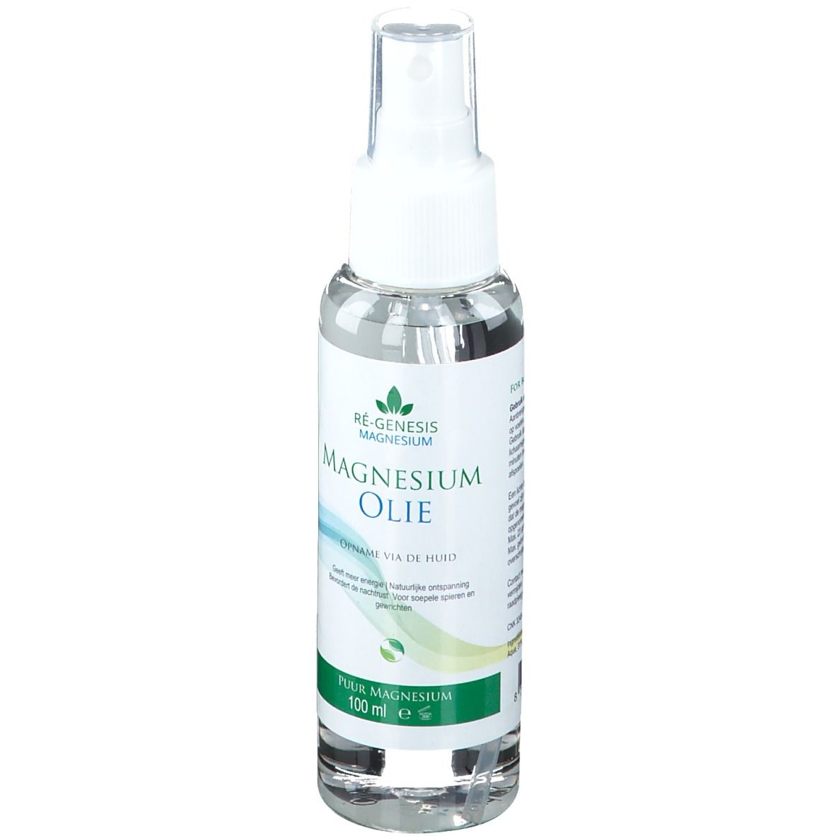 Flacon transparent avec vaporisateur. Inscription: Magnesium Oil, 100 ml. Graphique vert et bleu.
