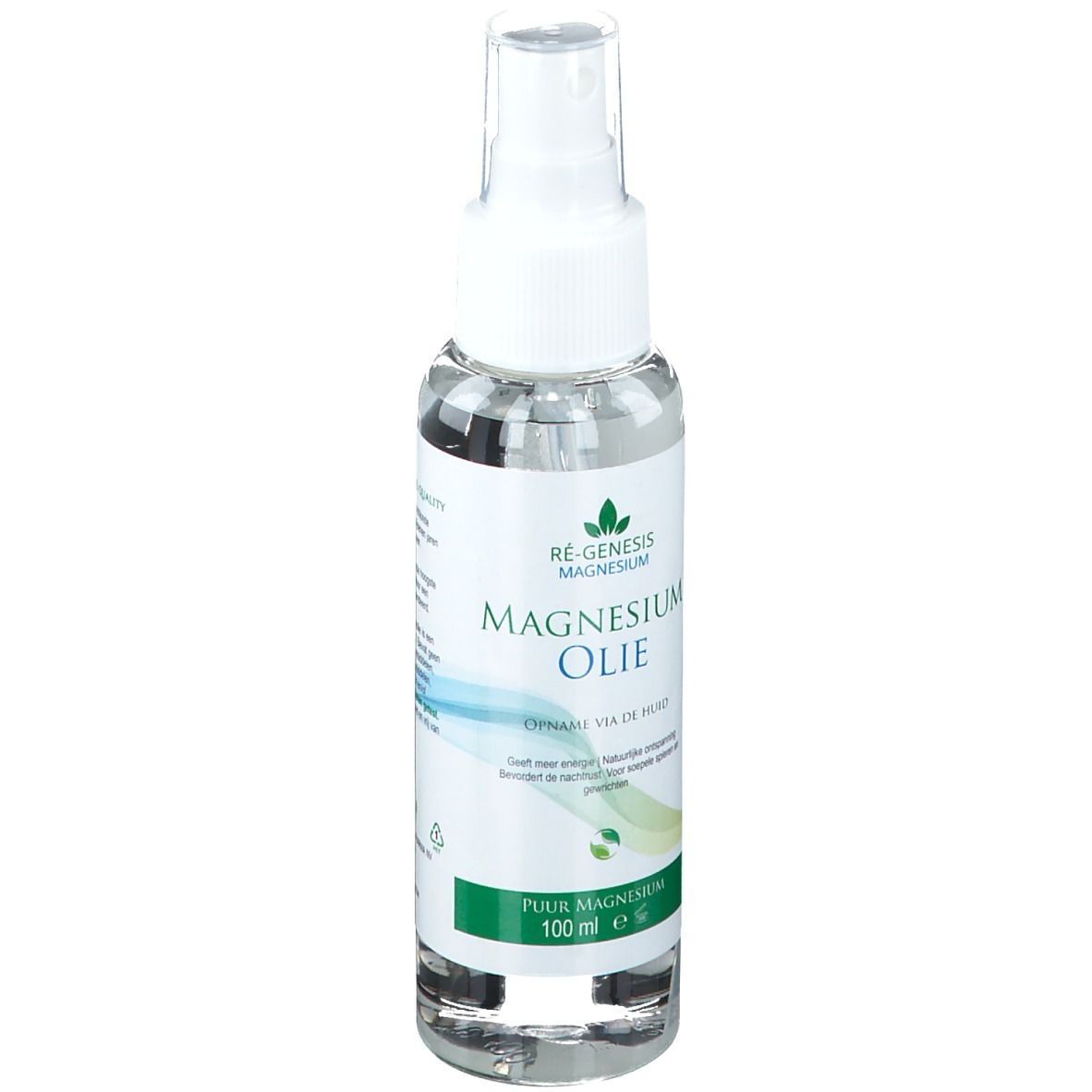 Flacon transparent avec vaporisateur. Inscription: Magnesium Oil, 100 ml. Graphique vert et bleu.