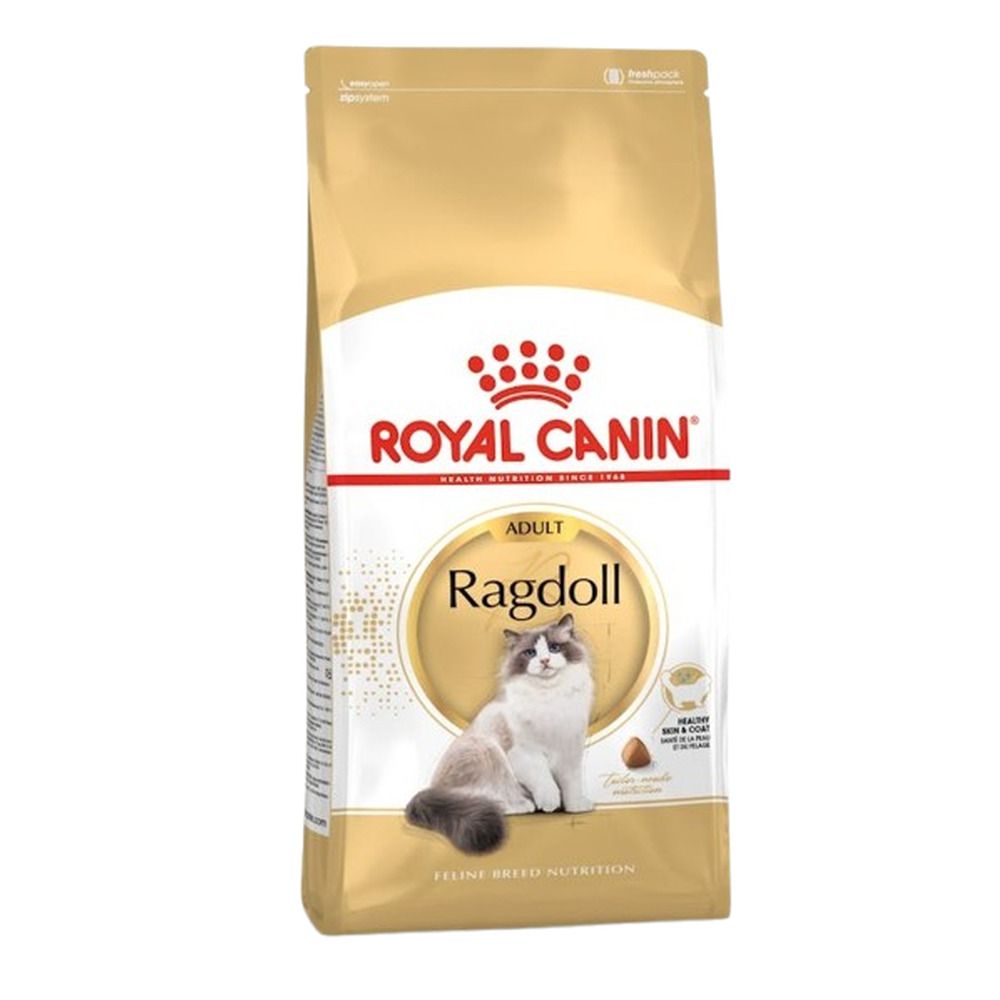 Sac de 10 kg de croquettes Royal Canin Ragdoll Adult, avec l'image d'un chat Ragdoll.