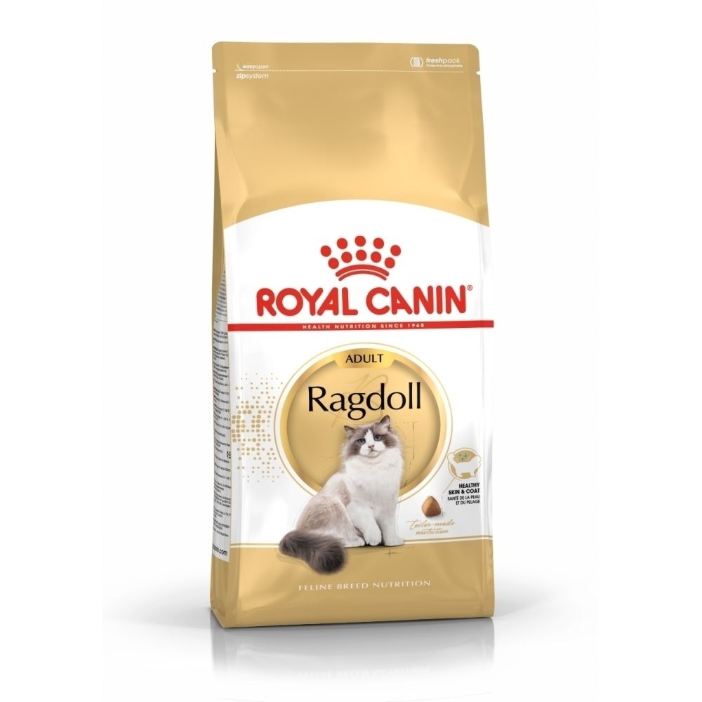 Sac de nourriture pour chat Royal Canin Ragdoll Adulte avec image de chat et informations produit.