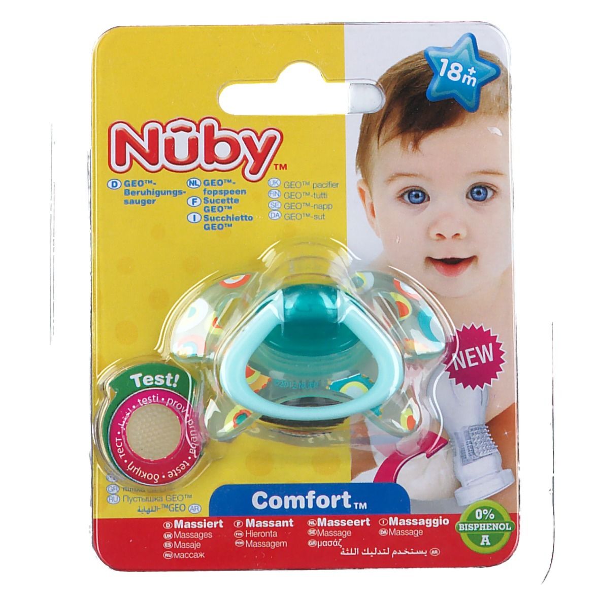 Sucette Nuby en blister. Tétine turquoise, motifs colorés. Logo imprimé et recommandation d'âge.