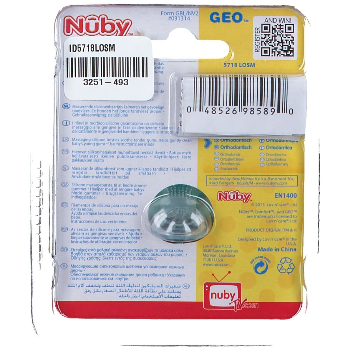Dos de l'emballage de la sucette Nuby. Tétine transparente, informations produit et code-barres. Logo et certifications.