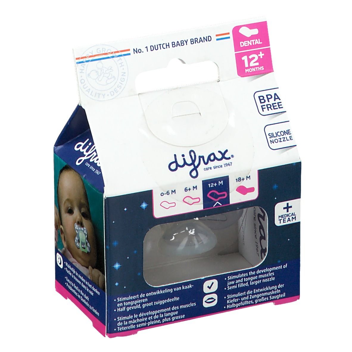 Difrax® Sucette dental nuit +12 Mois (Couleur non sélectionnable)