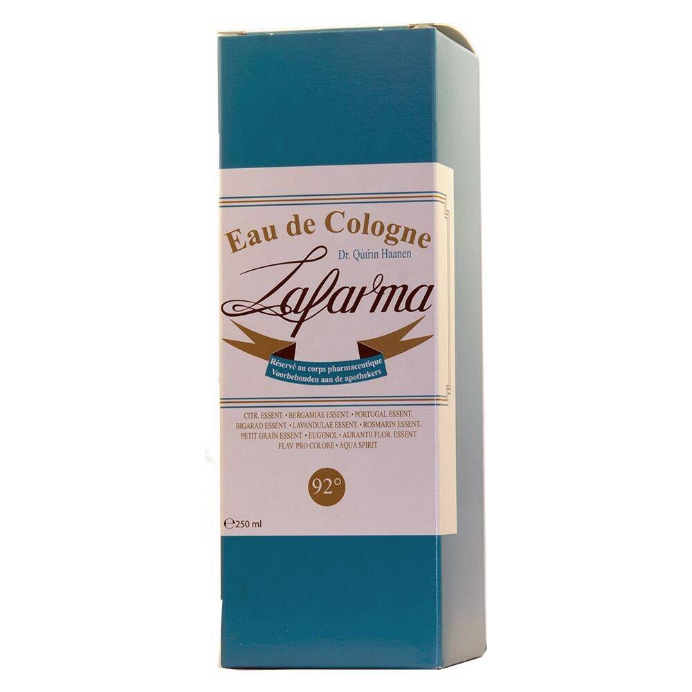 Boîte turquoise avec étiquette produit. Inscription: Eau de Cologne, Lafarma, 92°.